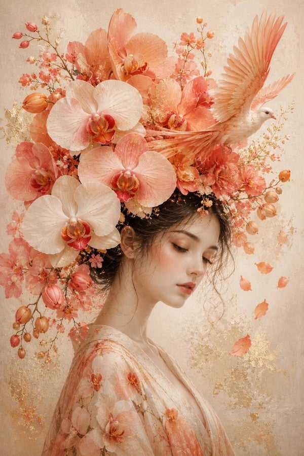 Bloesemvlucht – vrouw schilderij met orchideeën en witte vogel