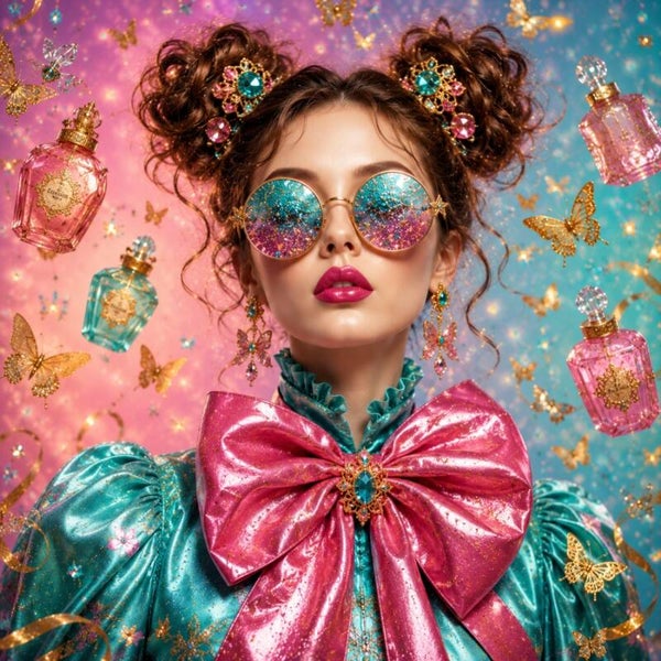 Parfumvlinders – kleurrijk vrouw schilderij met parfum en vlinders