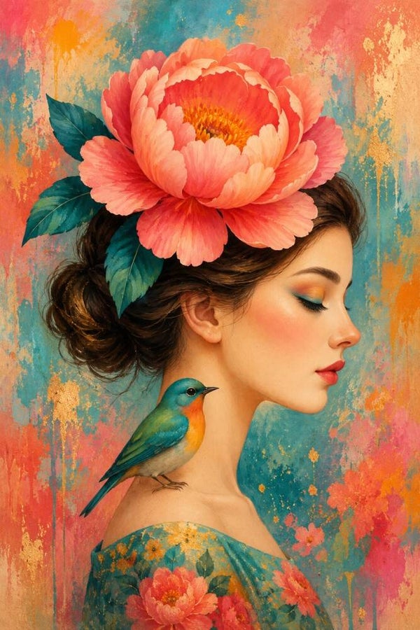 Peonia Rust – kleurrijk vrouw schilderij met pioenroos en vogel