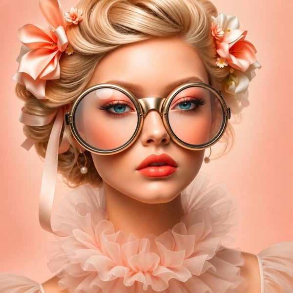 Blush Reverie – Vrouw schilderij met ronde bril en strikdetails