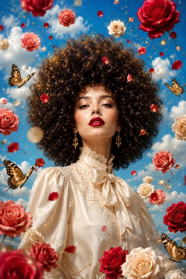 Rozenregen & Vrije Geest – vrouw schilderij met rozen en vlinders
