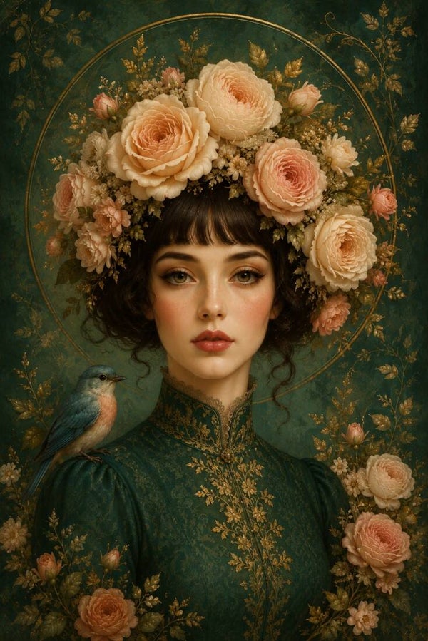 Rozenkroon – vrouw schilderij met bloemenkrans en blauw vogeltje