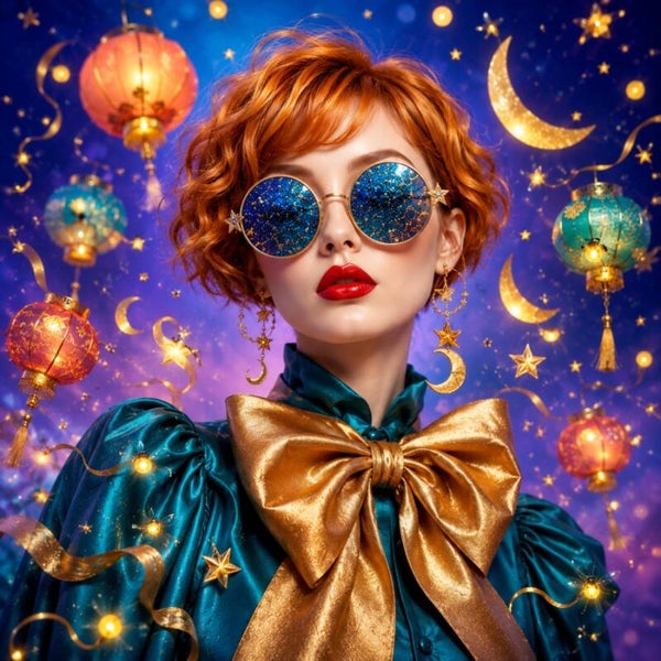 Sterrennacht in Stijl – vrouw schilderij met lantaarns en maanlicht