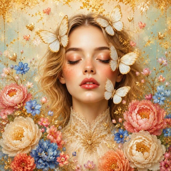 Gouden Vlinderdroom – vrouw schilderij met vlinders en bloemen