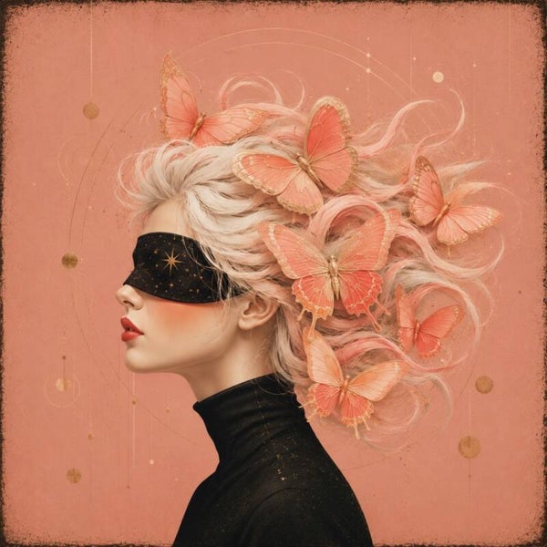 Vlinderfluistering – modern vrouw schilderij met roze vlinders