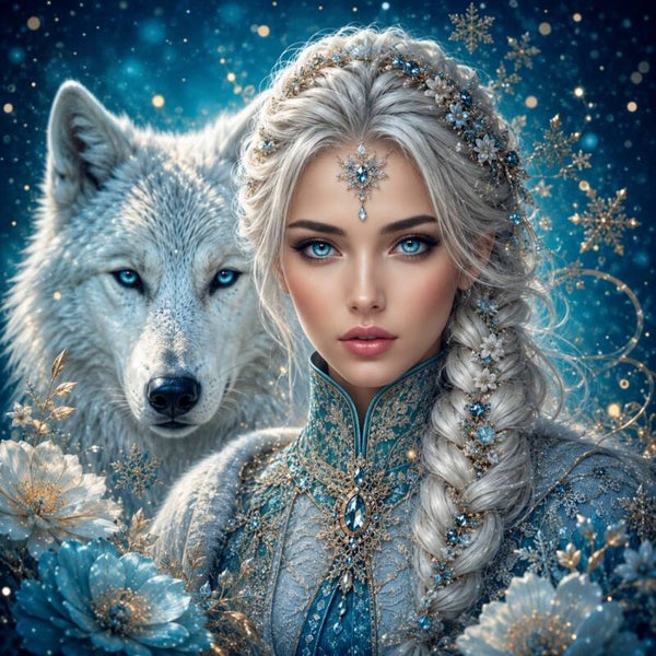 Winterziel – vrouw schilderij met witte wolf en ijskristallen