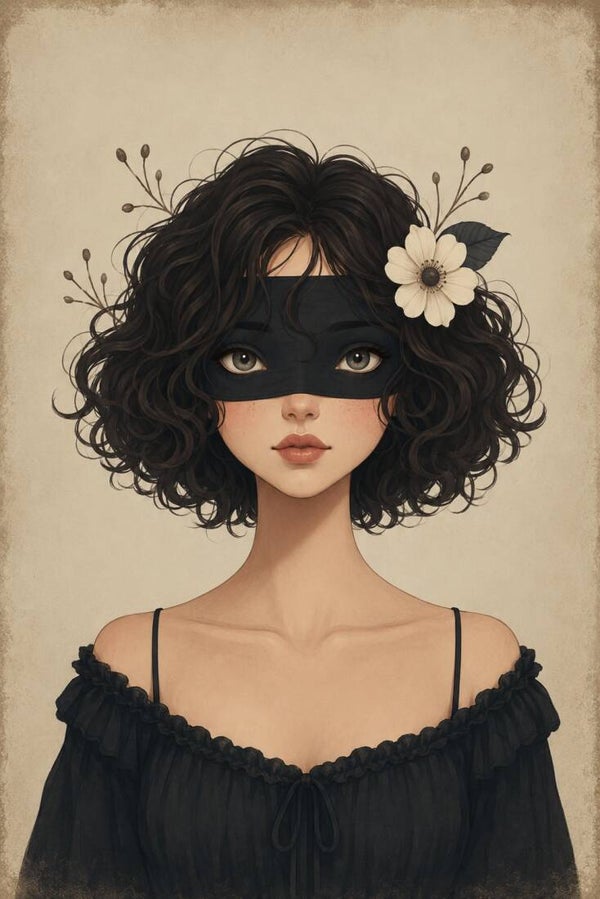 Schaduwbloem – vrouw schilderij met masker en witte bloem