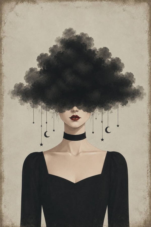 Nachtwolk – surrealistisch vrouw schilderij met zwarte wolk en maan
