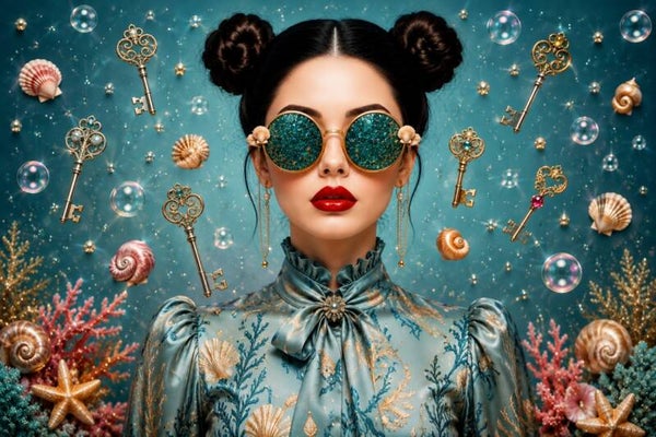 Sleutels van de Zee – vrouw schilderij met schelpen en fantasie-elementen