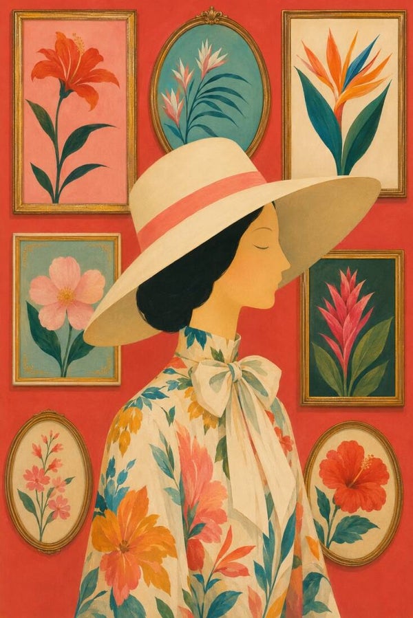 Bloemengalerij – vrouw schilderij met bloemenwand