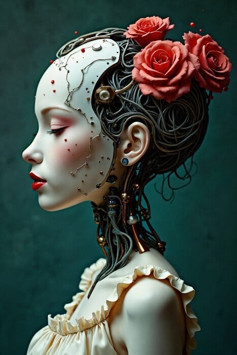 RoboRose Grace – Botanische Cyber Elegance Wanddecoratie