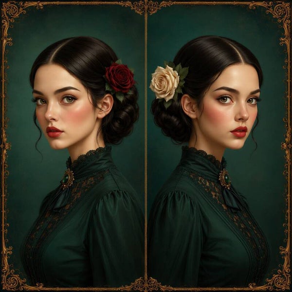 Emerald Twin Muses – vintage schilderij tweeling vrouwen met rozen