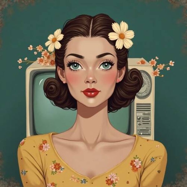 Vintage Blossom Girl – Retro Portret in Geeltinten