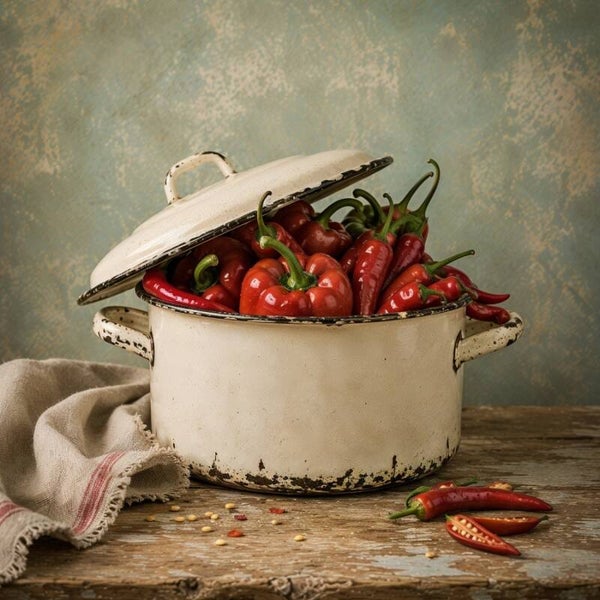 Vurige Verrassing – landelijk schilderij met vintage emaille pan vol paprika's en pepers