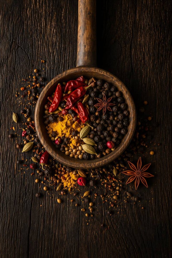 Vuur & Specerijen – keuken schilderij met rode pepers en kruiden