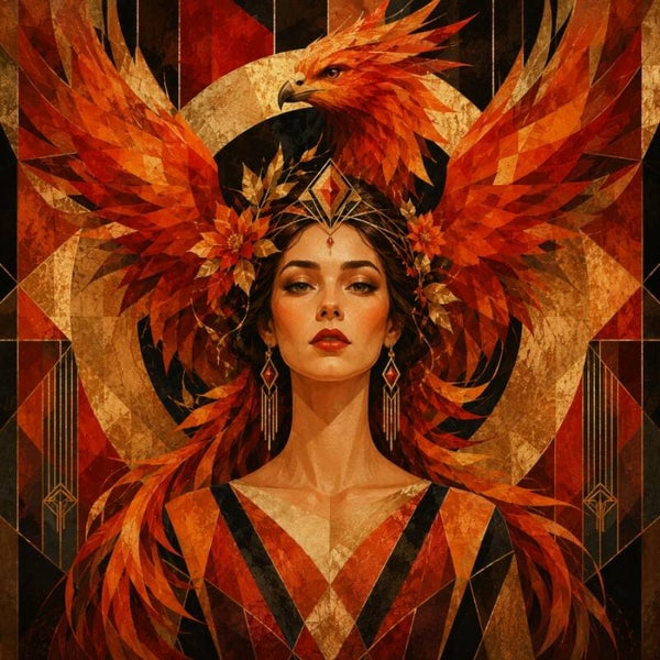 Vuurkroon – art deco vrouw schilderij met feniksvleugels