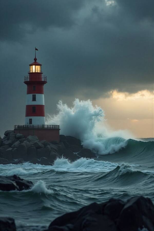 Vuurtoren in Storm – Maritieme Kunst met Dramatische Zeegezichten