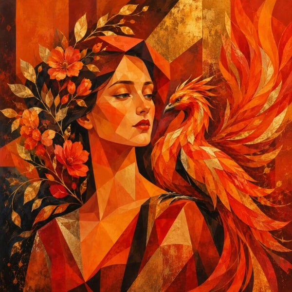 Vuurvleugel – geometrisch vrouw schilderij met feniks