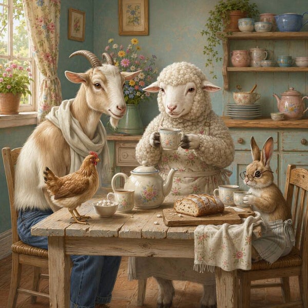 Waar de Tijd Even Wacht – landelijk schilderij geit schaap haas kip keuken