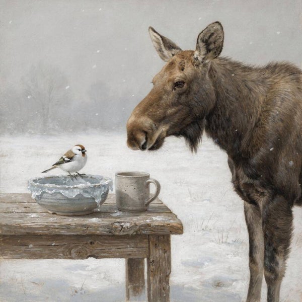 Waar Groot Zacht Wordt – schilderij met eland en vogel in winterse stilte