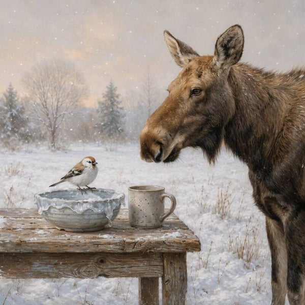 Waar Groot Zacht Wordt – schilderij met eland, mus en winterlandschap
