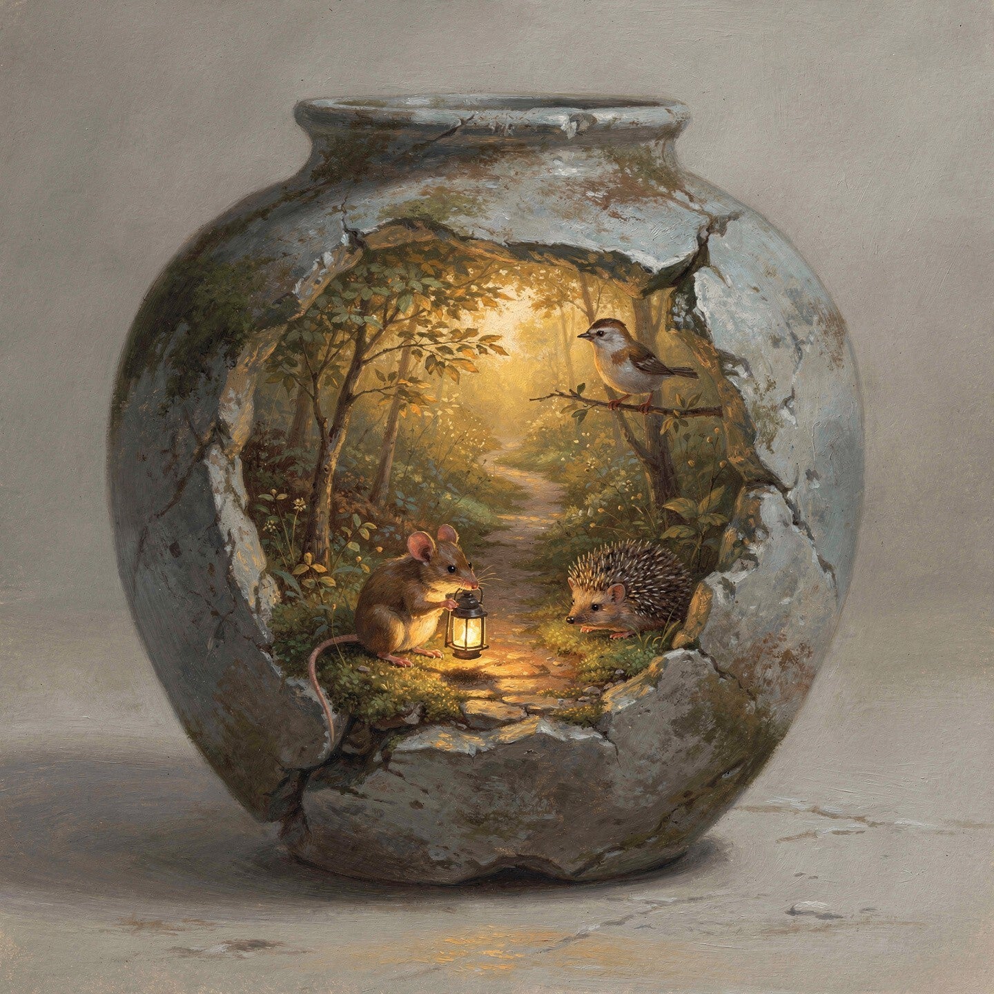 Waar het Licht Begint – schilderij met muis, egel en vogel in landelijke stijl