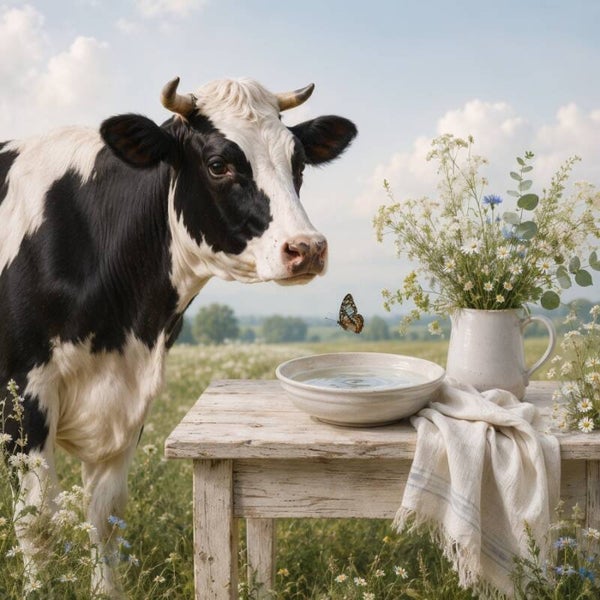 Waar Iets Kleins Landt – schilderij met koe en vlinder landelijke boerderij