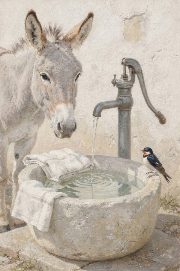Het ochtendritueel van Marco – ezel bij de waterpomp in landelijke woonstijl