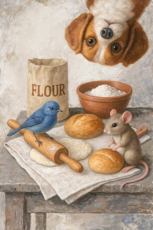 Bakmoment – schilderij met hond, vogel, muis en brood