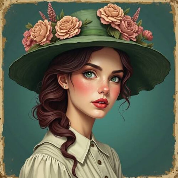 Roséria Verde – Vintage Vrouwenschilderij met Bloemenhoed