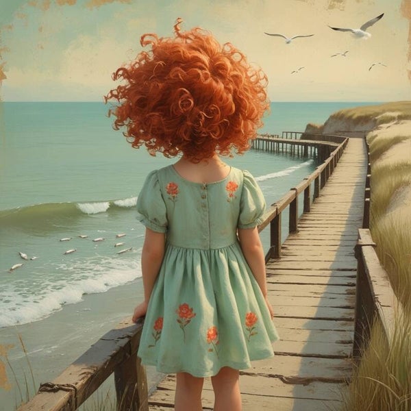 Brug naar de Zee – schilderij meisje met rood krulhaar aan het strand