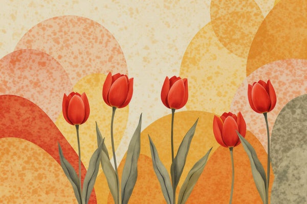 Zonneschijn in Veld – abstract tulp schilderij in warm oranje en rood