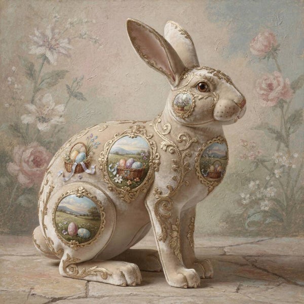 Paaspracht – Schilderij Sierlijk Konijn met Eieren – Goud & Crème