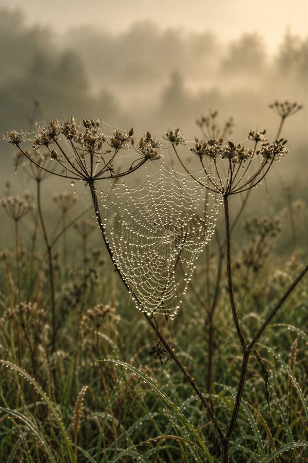 Gouden Ochtenddauw – spinnenweb schilderij met schermbloemen en mist