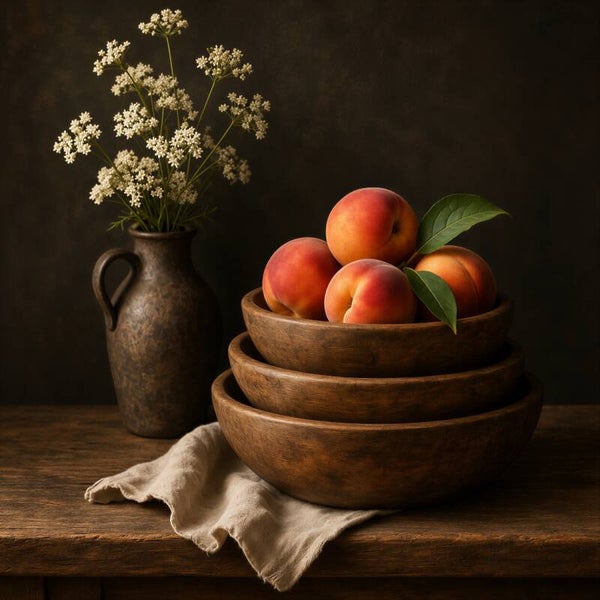 Warme Oogst – landelijk schilderij keuken met perziken, houten schalen en bloemen