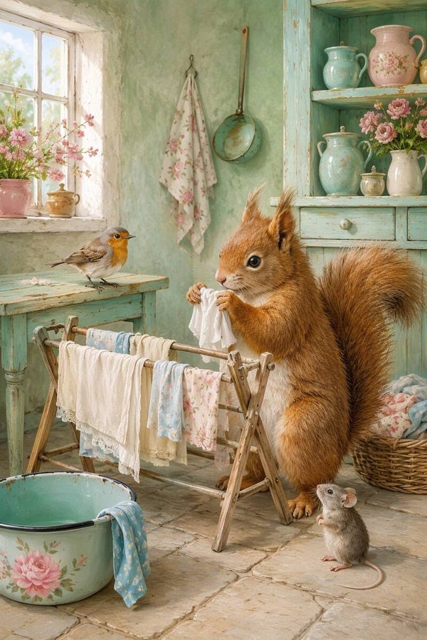 Wasdag op de Boerderij – nostalgisch schilderij met eekhoorn, roodborstje en muis