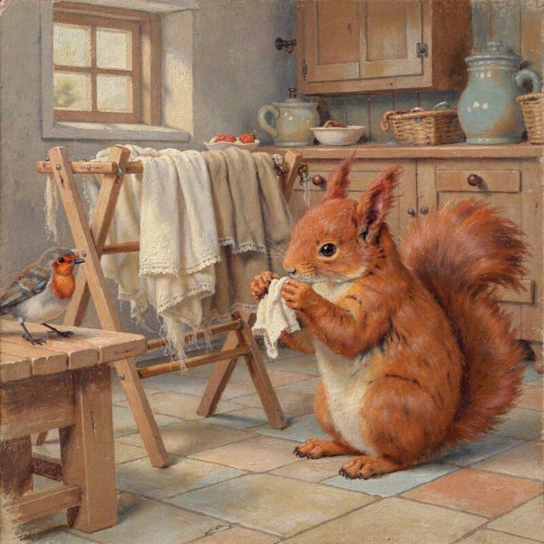 Wasdag op Zolder – schilderij met eekhoorn en roodborstje