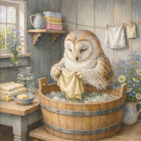 Wasdag van de Wijsuil – landelijk schilderij met uil in houten wastobbe