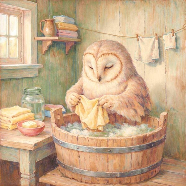 Wasdag van de Wijsuil – uil schilderij in landelijke pastelstijl