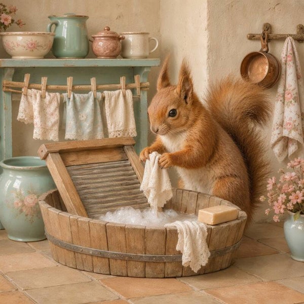 Wasgoed vol Liefde – nostalgisch schilderij met eekhoorn bij houten wastobbe