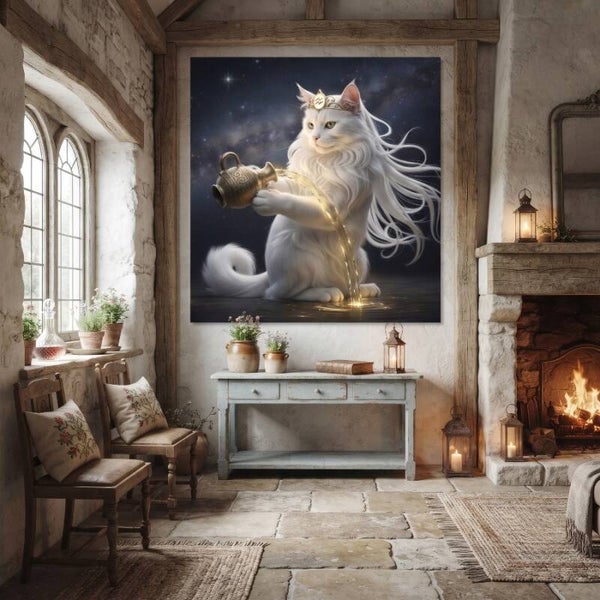 Astrologisch symbool van Waterman – Witte kat met gouden kruik in kosmische sfeer