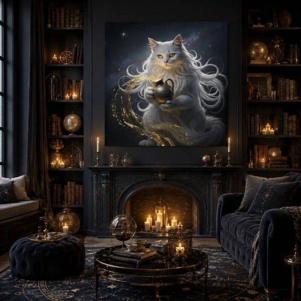 Astrologisch symbool van Waterman – Mystieke witte kat met magische waterkruik