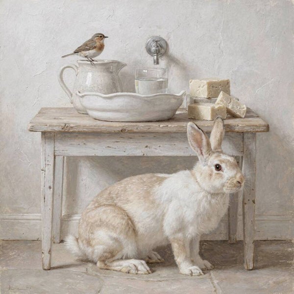 Watermoment – schilderij konijn en vogel, landelijke badkamerstijl