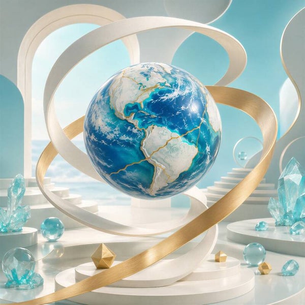Wereld in Balans – wereldbol schilderij met gouden ringen