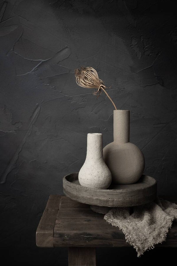 Earthy Shelter – Donker stilleven met gedroogde wilde peen en aardewerk vazen