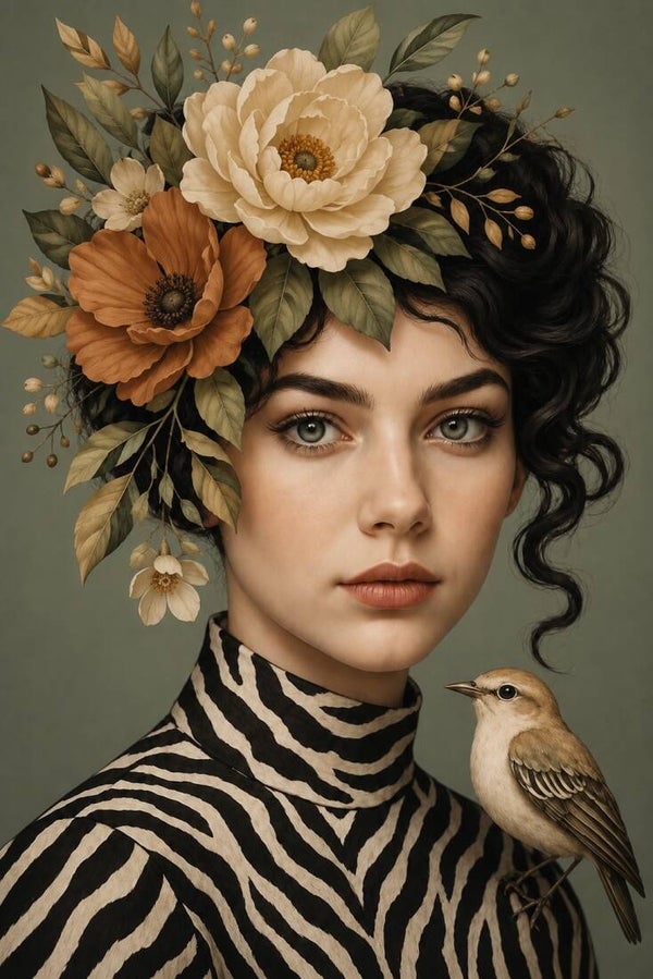 Wildflower Muse – Vrouw schilderij met bloemen, vogel en zebrapatroon