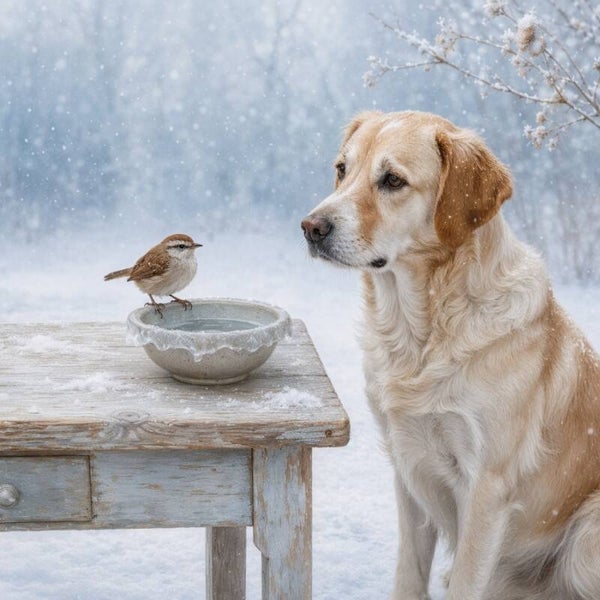 Winterwachter – winter schilderij met hond en winterkoninkje
