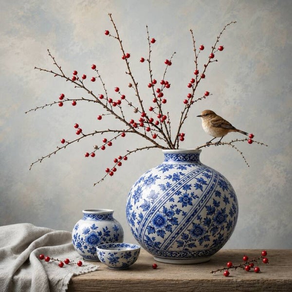 Winterbessen van Delft – Delfts blauw kunstwerk met zangvogel