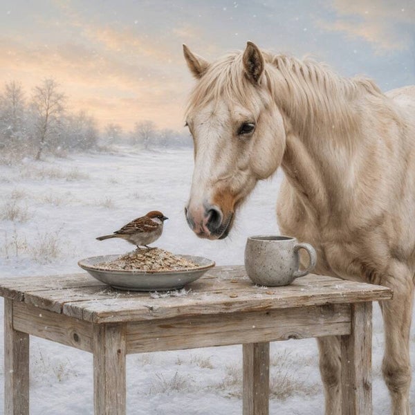 Winterse Ontmoeting – schilderij met wit paard, mus en besneeuwd landschap