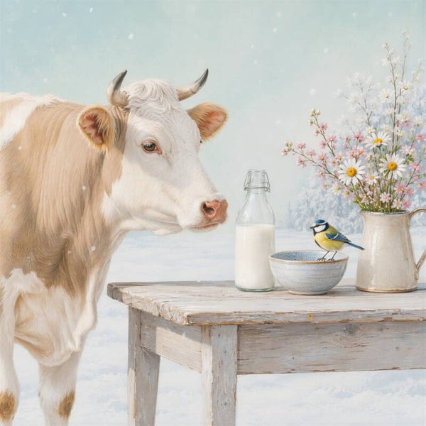 Winterse Rust – koe schilderij melk vogel landelijke boerderij